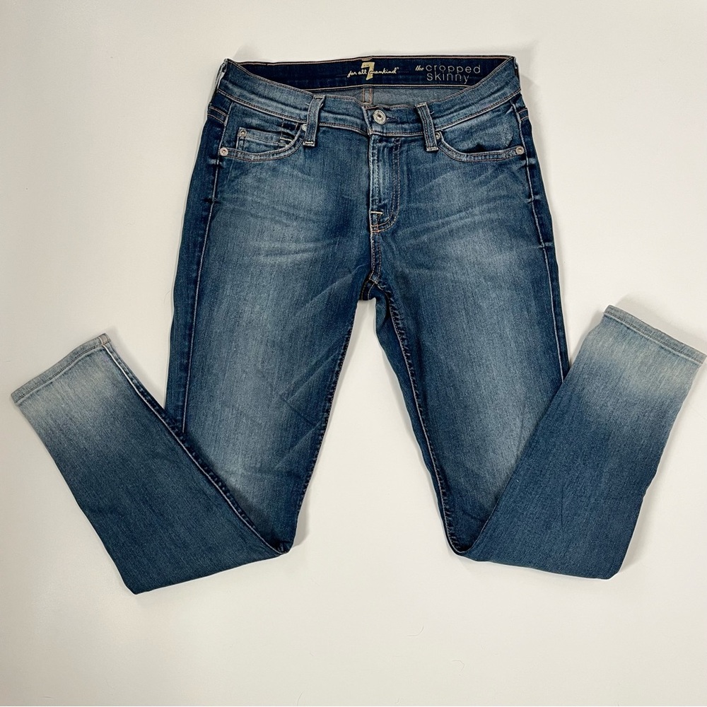 7 For All Mankind Mid Rise Cropped Skinny Ankle Designer Jeans EUC Size 25 - 1
